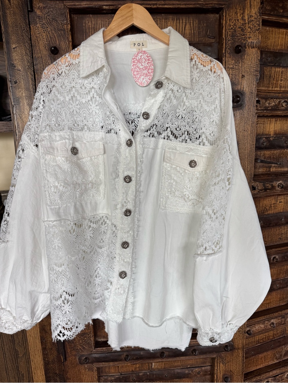 POL White Lace Paneled Button-Up Shirt Jacket